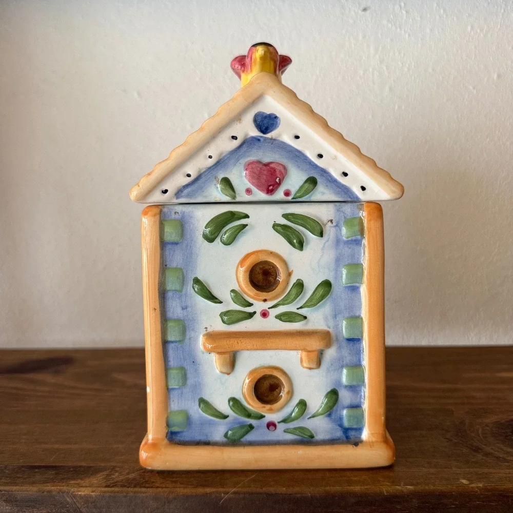 3pc Alco Industries Ceramic Birdhouse Canister Set Floral Butterfly Bird House